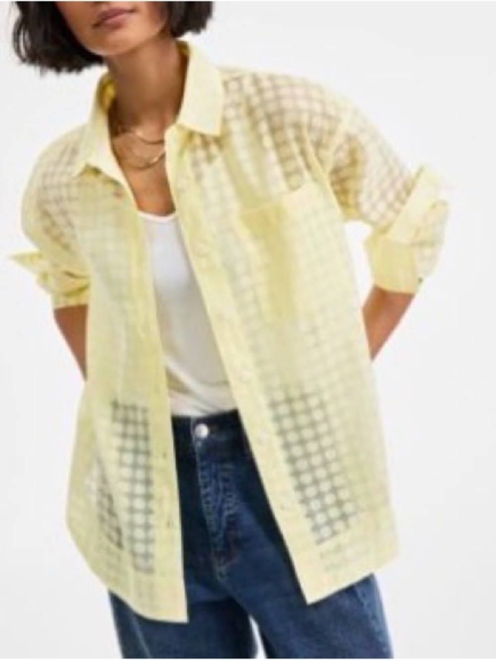 Sheer Floral Pattern Button-Up Blouse - Yellow